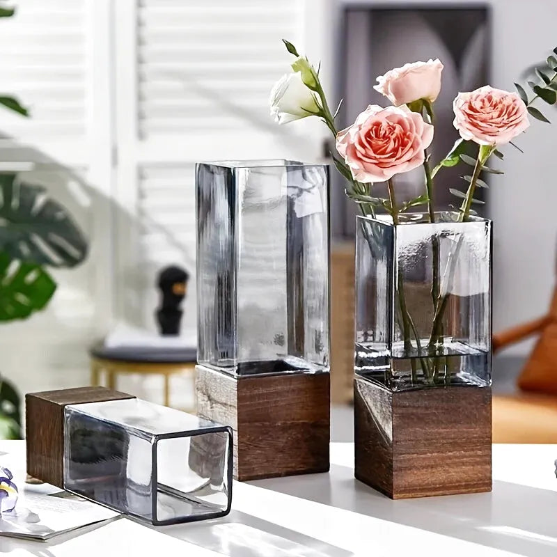 Vase Scandinave Transparent | Base Bois Naturel - Maison Vase