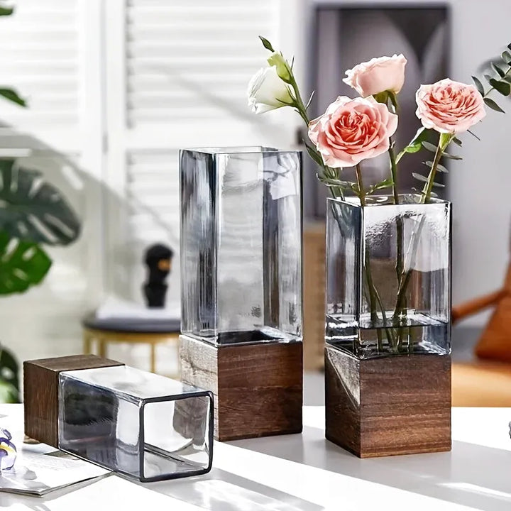 Vase Scandinave Transparent | Base Bois Naturel - Maison Vase