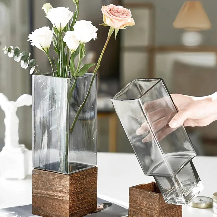 Vase Scandinave Transparent | Base Bois Naturel - Maison Vase
