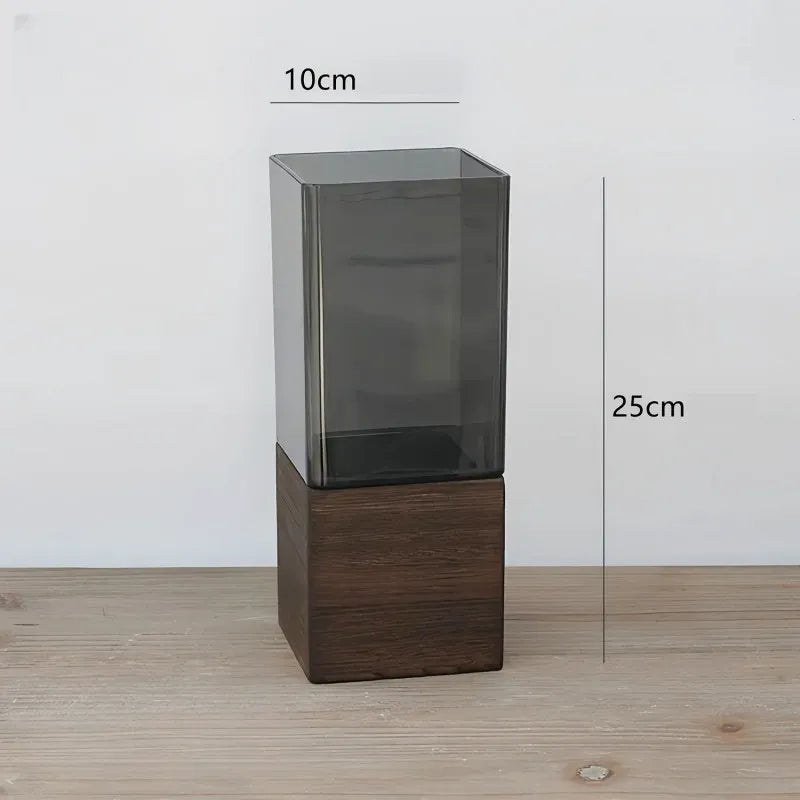 Vase Scandinave Transparent | Base Bois Naturel - Maison Vase