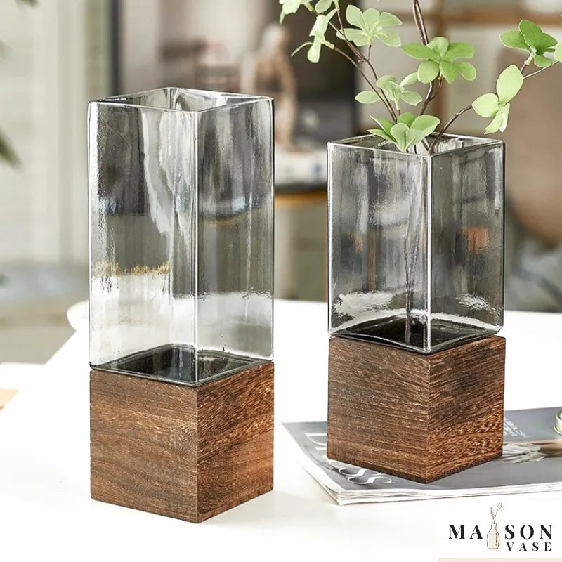 Vase Scandinave Transparent | Base Bois Naturel - Maison Vase