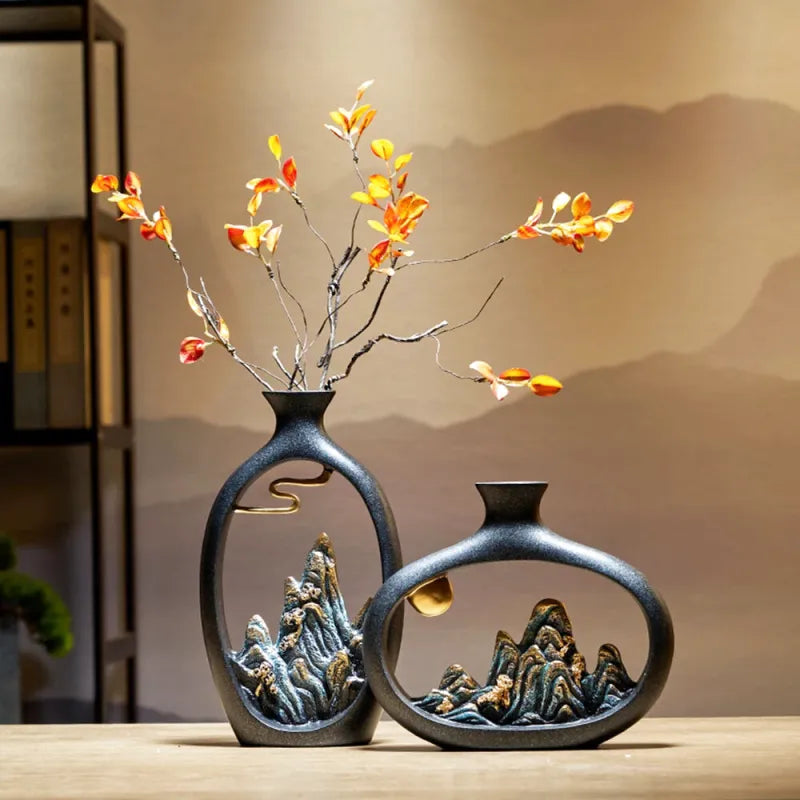 Vase Soliflore Décoratif Chinois | Sculpture Montagne en Résine - Maison Vase