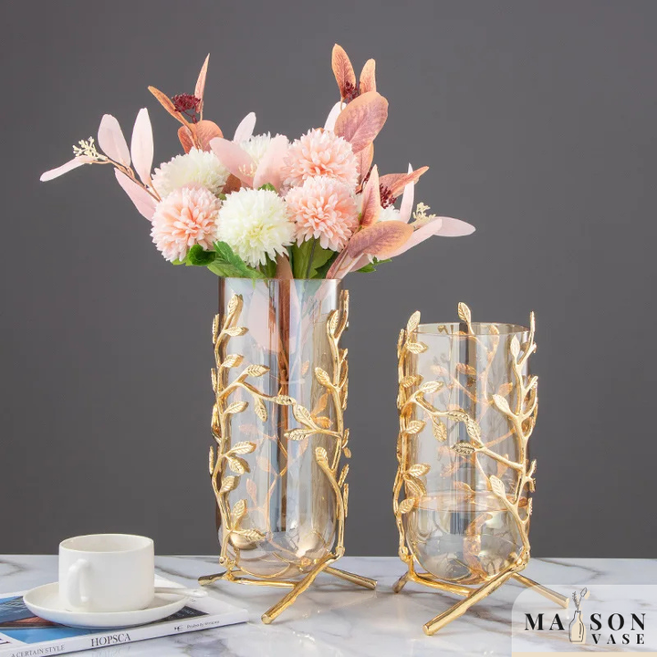 Vase à Fleurs Cylindrique en Verre | Cadre Doré Décoratif et Minimaliste