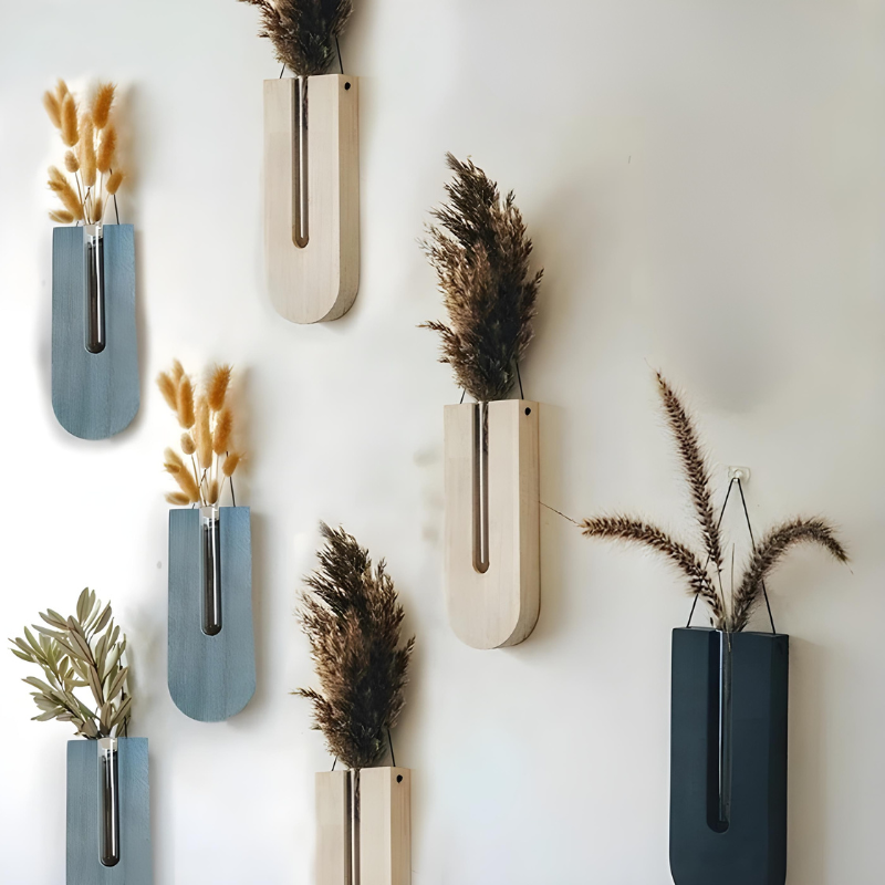 Vase à Fleurs Mural Scandinave Naturelle en Bois de Pin | Design Minimaliste et Décoratif